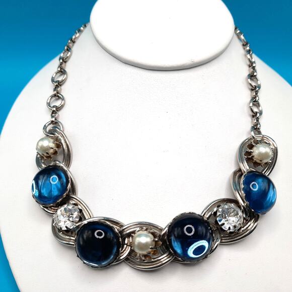 Vintage Blue Cabochon Choker Necklace, Faux Pearl Clear Rhinestone, 1950 Jewelry - Picture 1 of 10